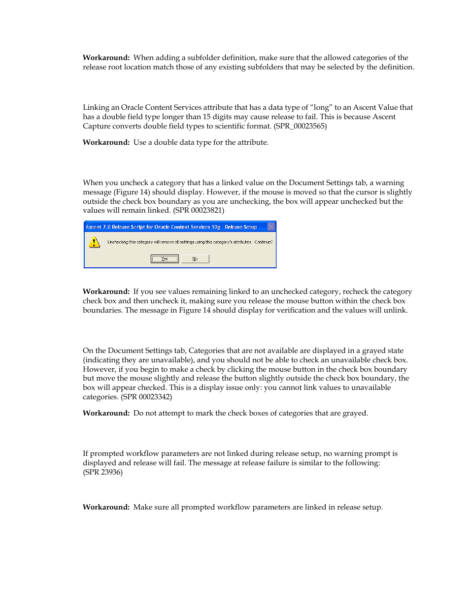 Unchecking categories with linked values, Unavailable categories can appear selected | Kofax Ascen 7.0 Release Script for Oracle Content Services 10g User Manual | Page 33 / 34