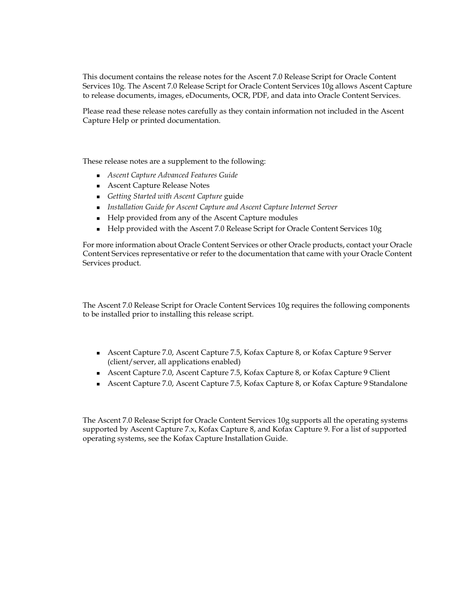 Introduction, Additional documentation, System requirements | Ascent capture requirements, Release workstation system requirements | Kofax Ascen 7.0 Release Script for Oracle Content Services 10g User Manual | Page 5 / 34