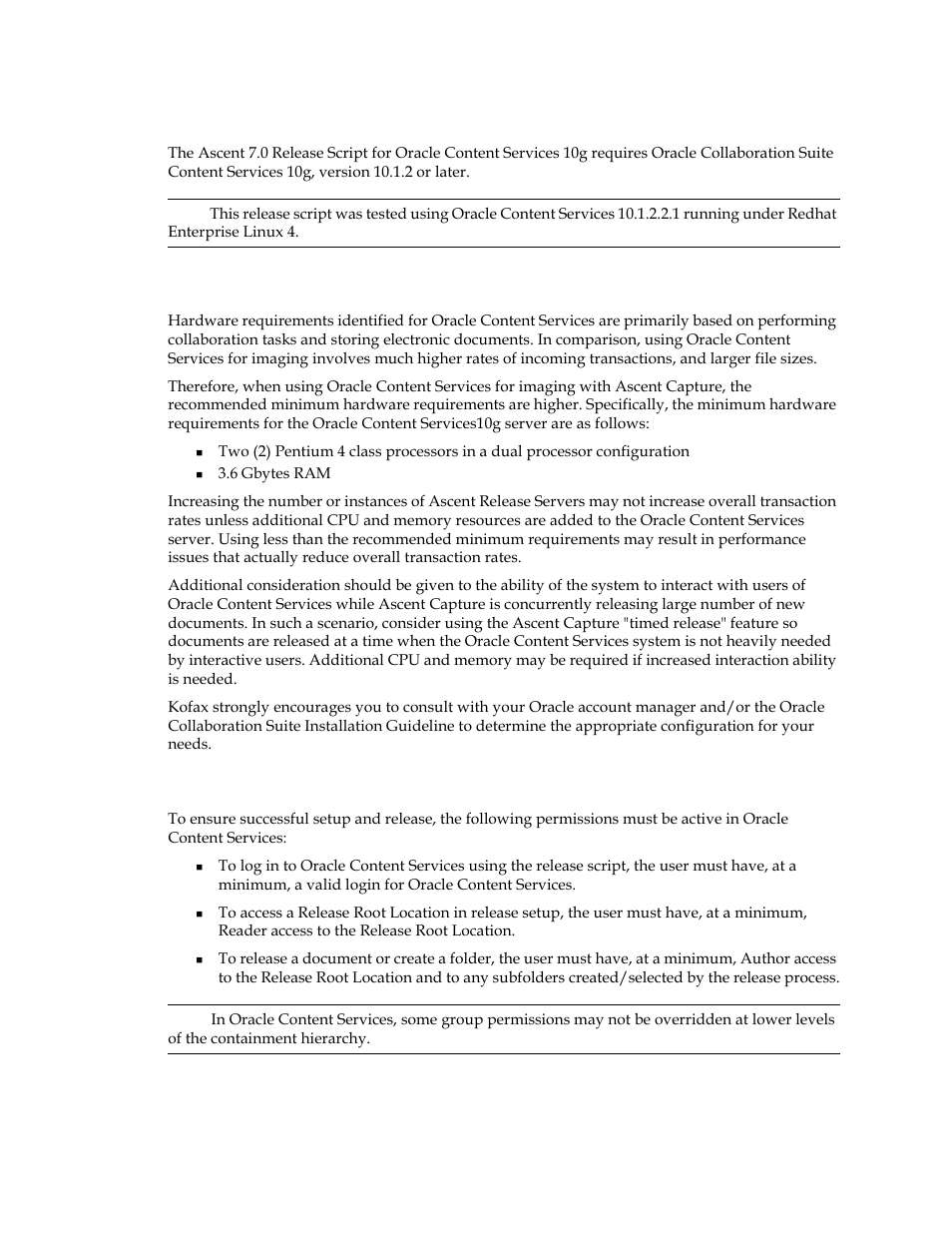 Oracle content services requirements, Minimum hardware requirements, Permissions | Minimum hardware requirements permissions | Kofax Ascen 7.0 Release Script for Oracle Content Services 10g User Manual | Page 6 / 34