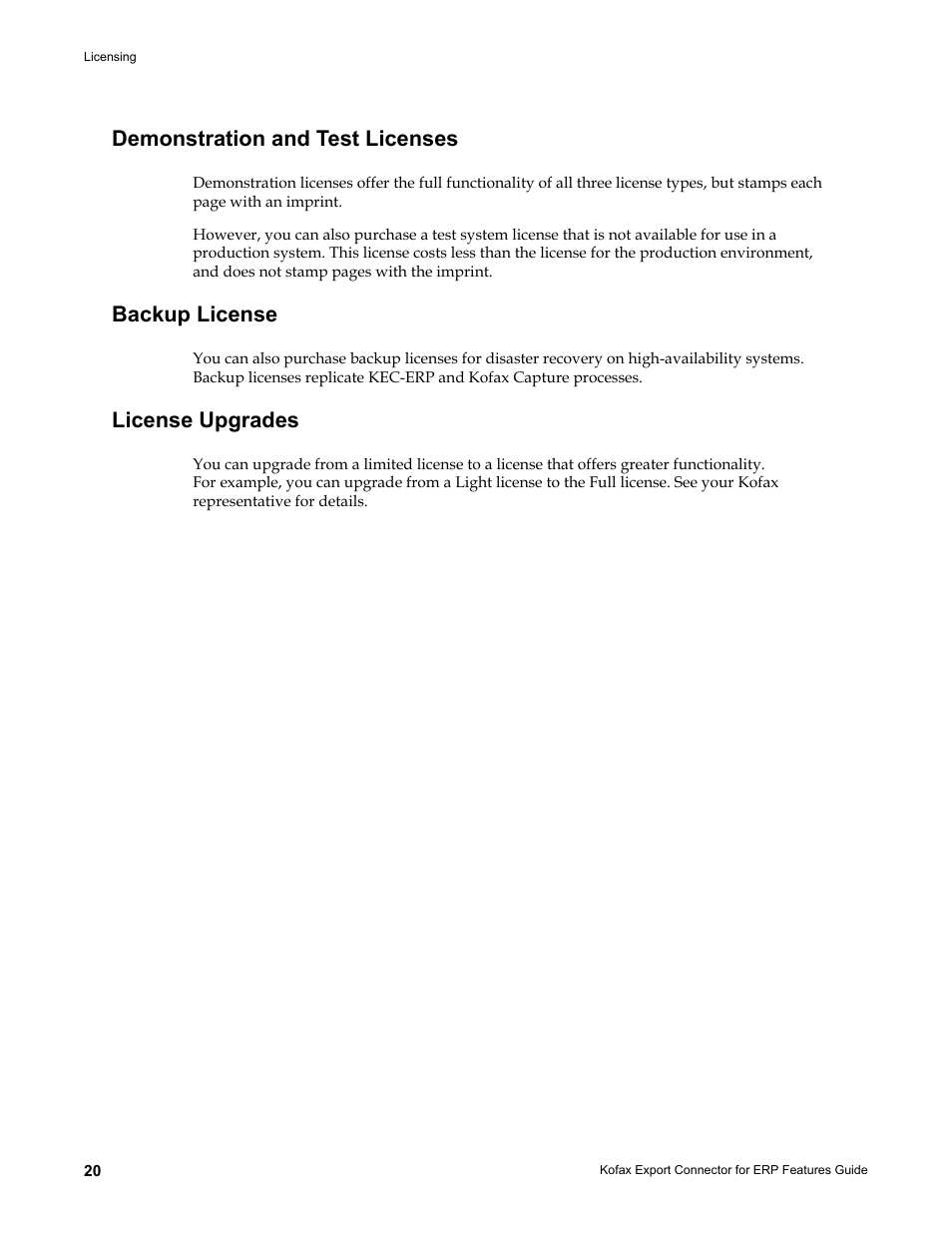 Demonstration and test licenses, Backup license, License upgrades | Kofax Export Connector for ERP 2.4.9 User Manual | Page 20 / 26