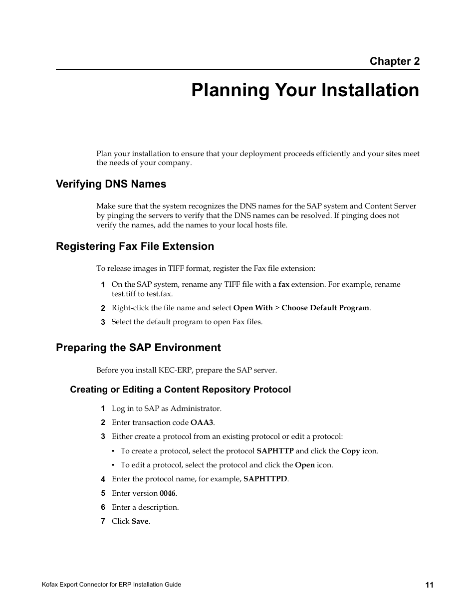 Planning your installation, Verifying dns names, Registering fax file extension | Preparing the sap environment, Creating or editing a content repository protocol, Chapter 2 | Kofax Export Connector for ERP 2.4.9 User Manual | Page 11 / 34