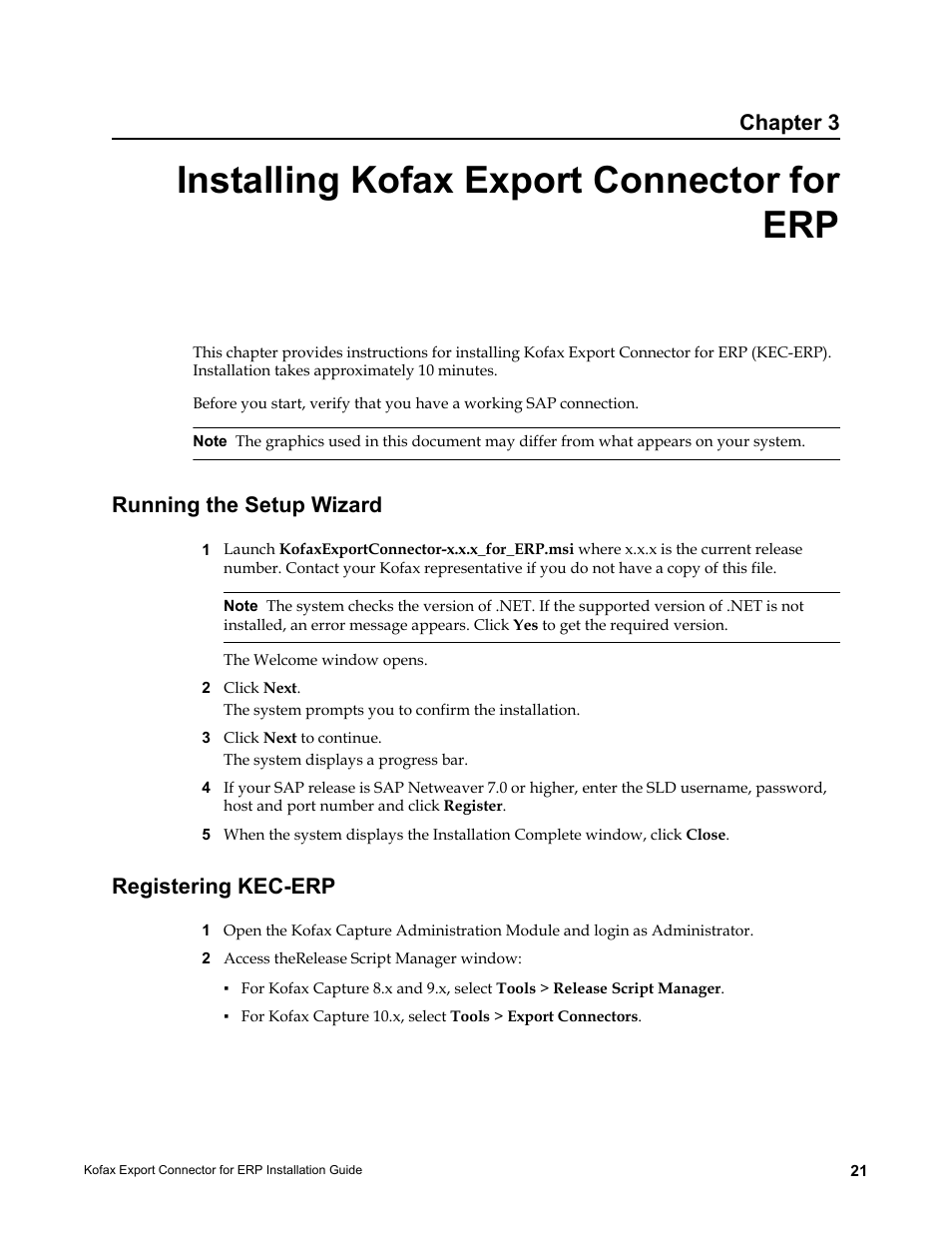 Installing kofax export connector for erp, Running the setup wizard, Registering kec-erp | Running the setup wizard registering kec-erp, Chapter 3 | Kofax Export Connector for ERP 2.4.9 User Manual | Page 21 / 34