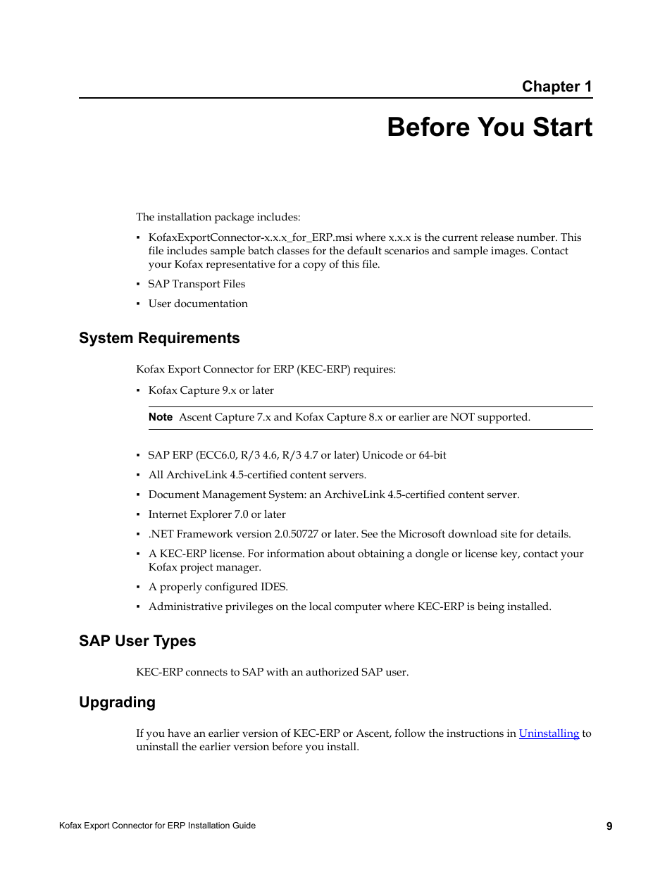 Before you start, System requirements, Sap user types | Upgrading, System requirements sap user types upgrading, Chapter 1 | Kofax Export Connector for ERP 2.4.9 User Manual | Page 9 / 34