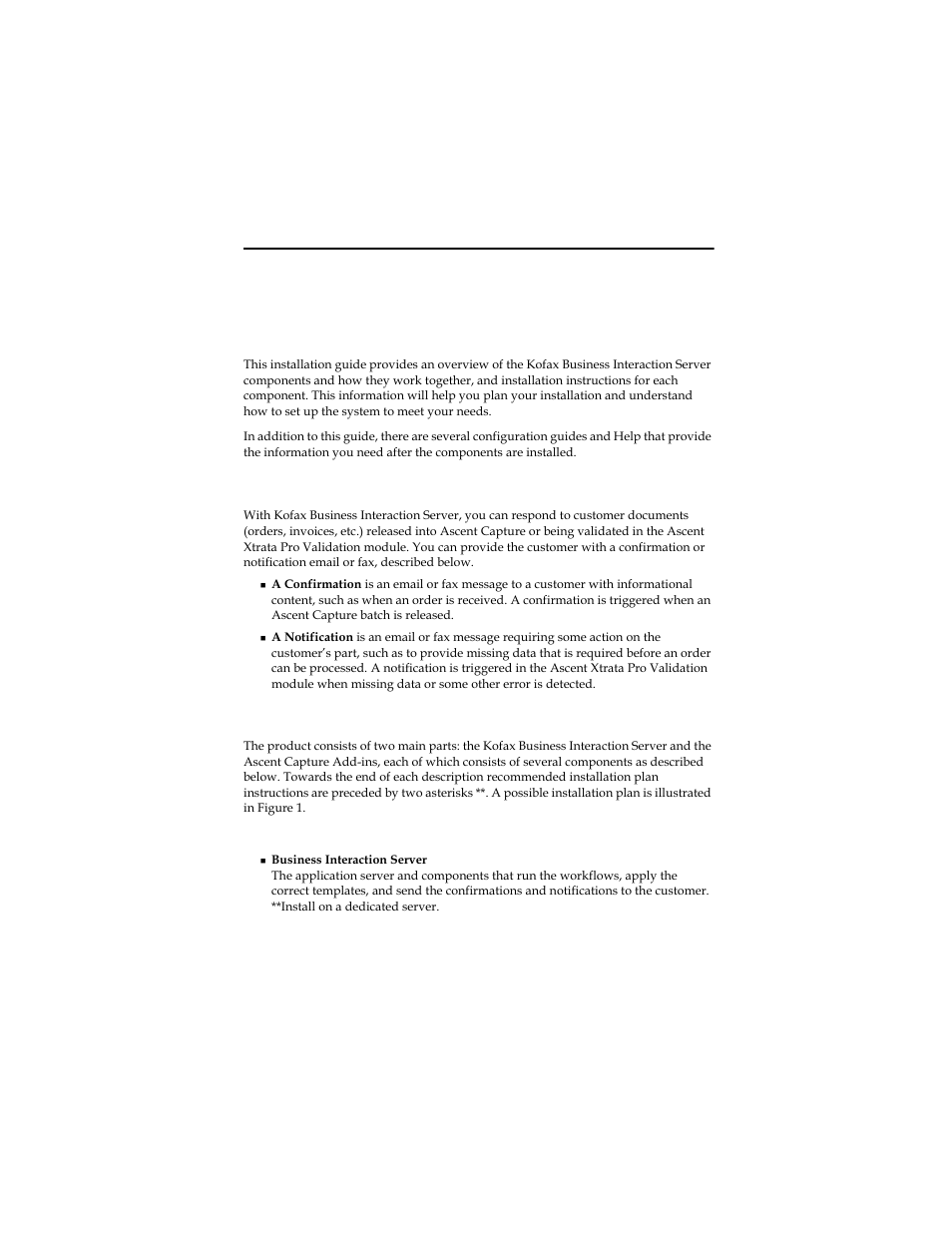 Overview, Introduction, Product overview | Introducing the components, Kofax business interaction server components, Introduction product overview, Overview introduction | Kofax Business Interaction Server User Manual | Page 5 / 22
