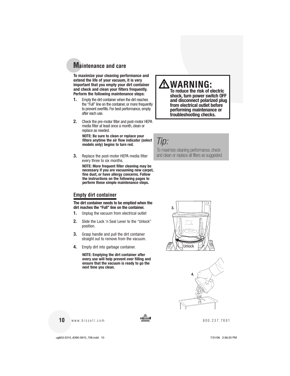 Warning | Bissell 3910 User Manual | Page 10 / 20