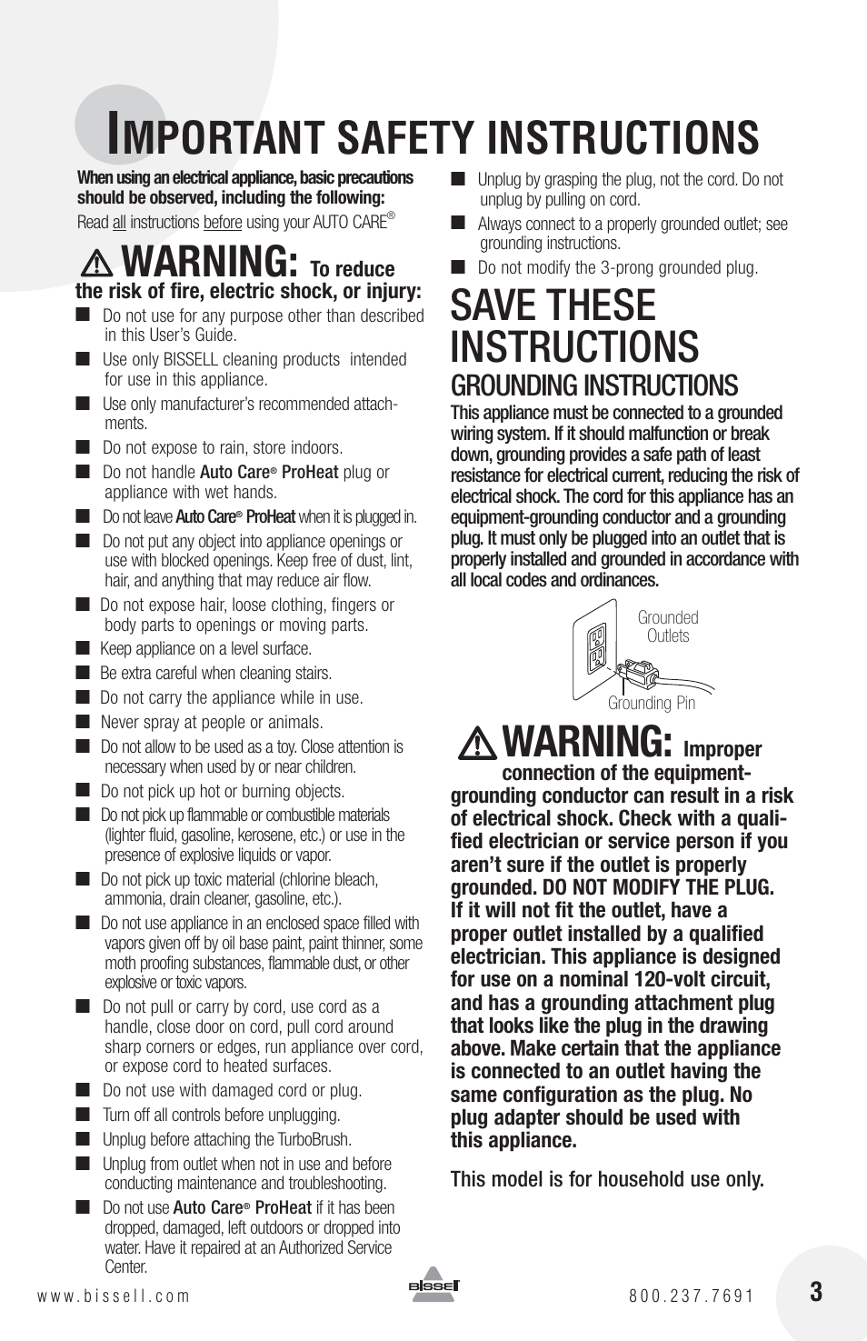 Mportant safety instructions, Warning, Save these instructions | Grounding instructions | Bissell PROHEAT 1425 User Manual | Page 3 / 8