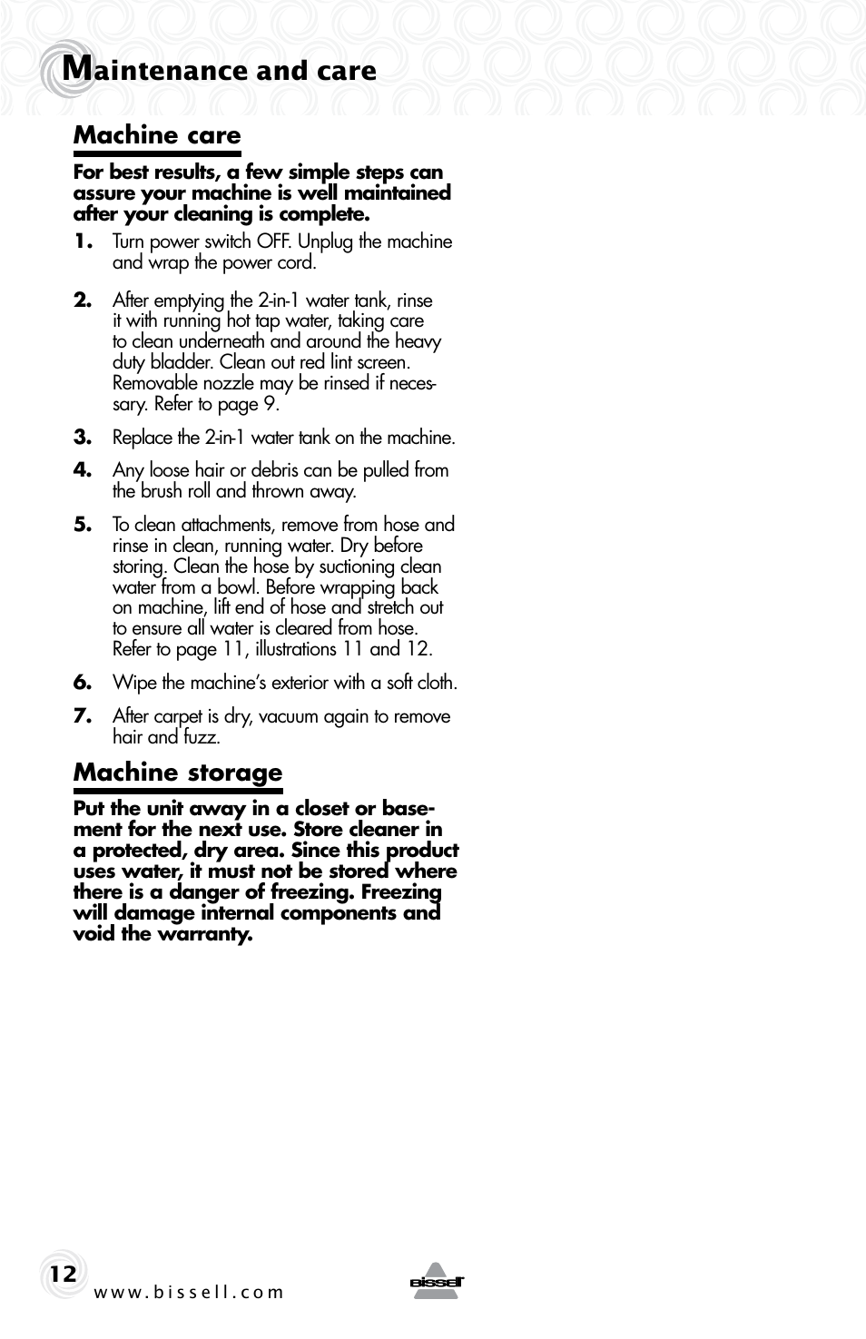 Aintenance and care, Machine care, Machine storage | Bissell 37E3 SERIES User Manual | Page 12 / 16