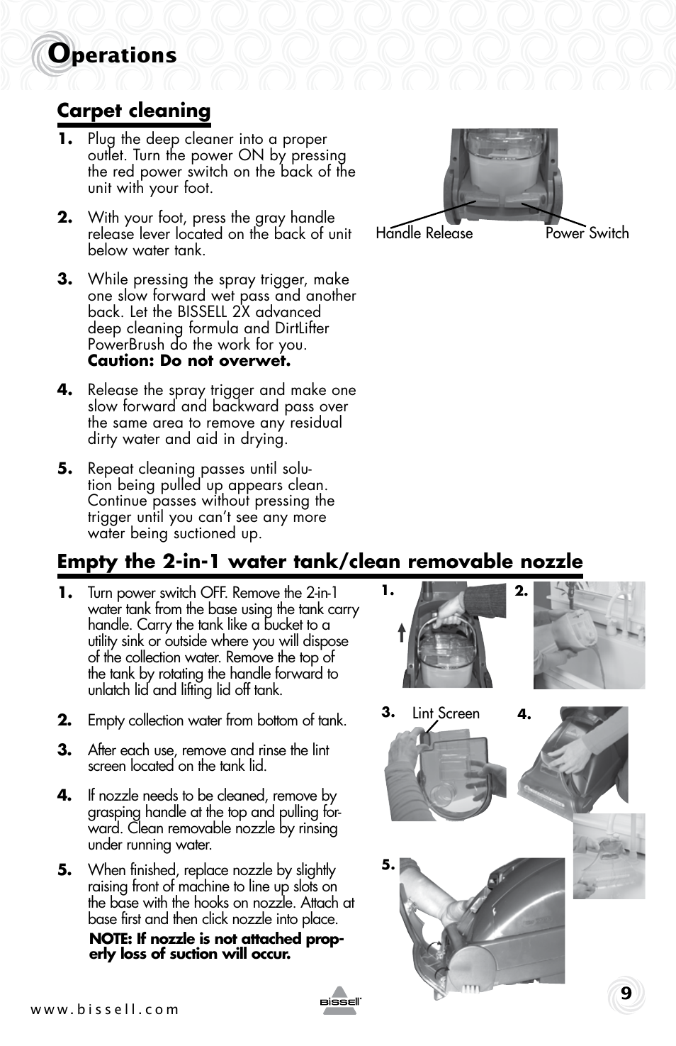 Perations, Carpet cleaning, Empty the 2-in-1 water tank/clean removable nozzle | Bissell 37E3 SERIES User Manual | Page 9 / 16