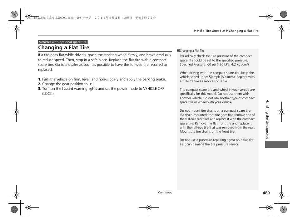 Changing a flat tire | Acura 2015 TLX - Owner's Manual (Revised 12/13/2014) User Manual | Page 490 / 545