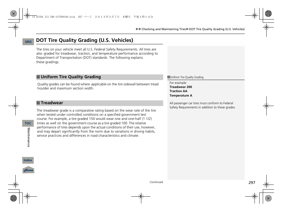 Dot tire quality grading (u.s. vehicles) | Acura 2014 ILX Hybrid - Owner's Manual User Manual | Page 298 / 365