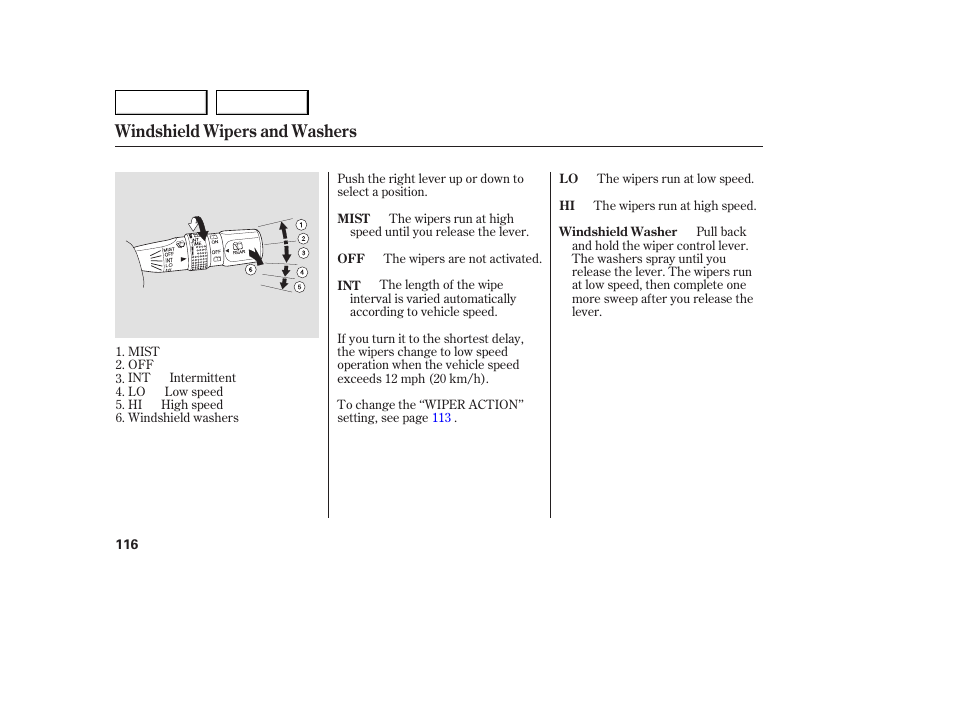 Windshield wipers and washers | Acura 2007 MDX - Owner's Manual User Manual | Page 120 / 479
