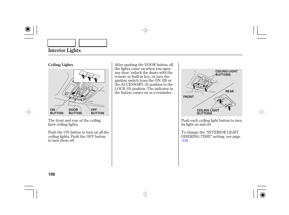 Interior lights | Acura 2007 RL - Owner's Manual User Manual | Page 198 / 491