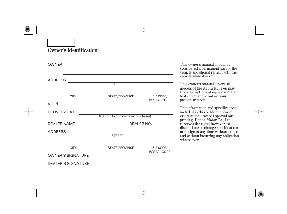 Owner's identification form, Owner’s identification | Acura 2007 RL - Owner's Manual User Manual | Page 2 / 491