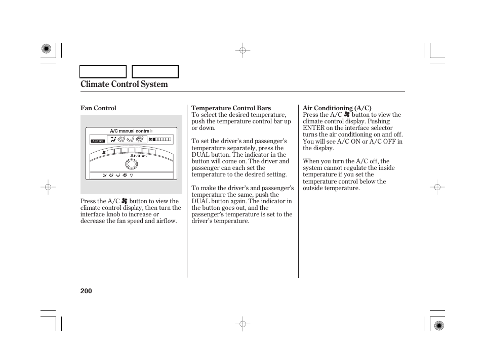 Climate control system | Acura 2007 RL - Owner's Manual User Manual | Page 202 / 491