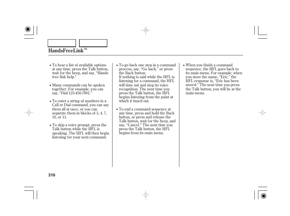 Handsfreelink | Acura 2007 RL - Owner's Manual User Manual | Page 312 / 491