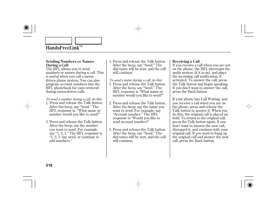 Handsfreelink | Acura 2007 RL - Owner's Manual User Manual | Page 320 / 491