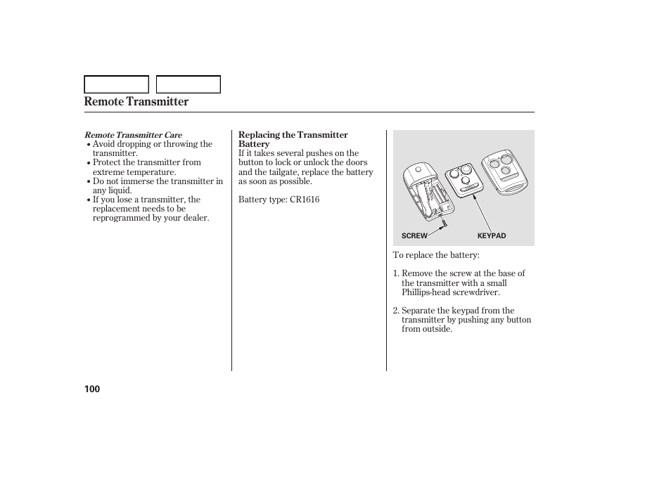 Remote transmitter | Acura 2007 TL - Owner's Manual User Manual | Page 103 / 369