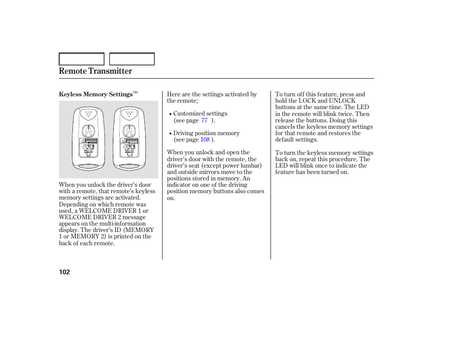 Remote transmitter | Acura 2007 TL - Owner's Manual User Manual | Page 105 / 369