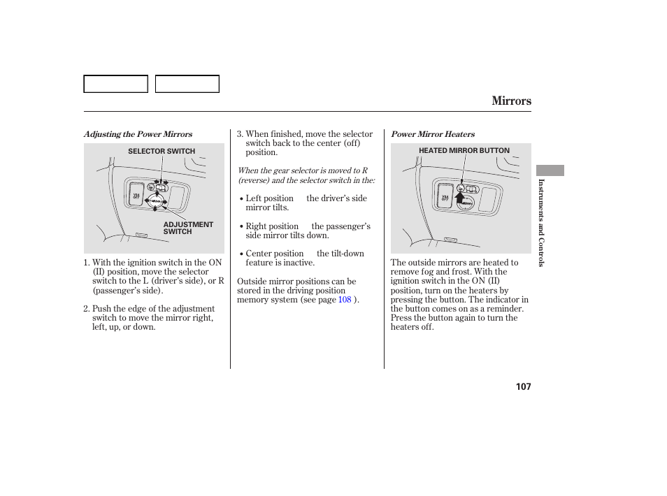 Mirrors | Acura 2007 TL - Owner's Manual User Manual | Page 110 / 369