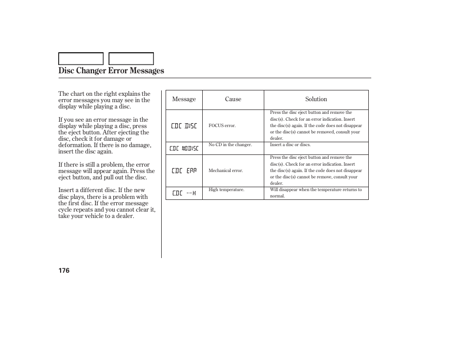 Disc changer error messages | Acura 2007 TL - Owner's Manual User Manual | Page 179 / 369