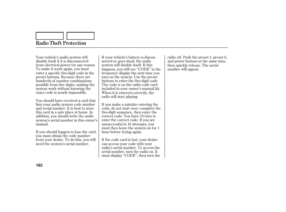 Radio theft protection | Acura 2007 TL - Owner's Manual User Manual | Page 185 / 369