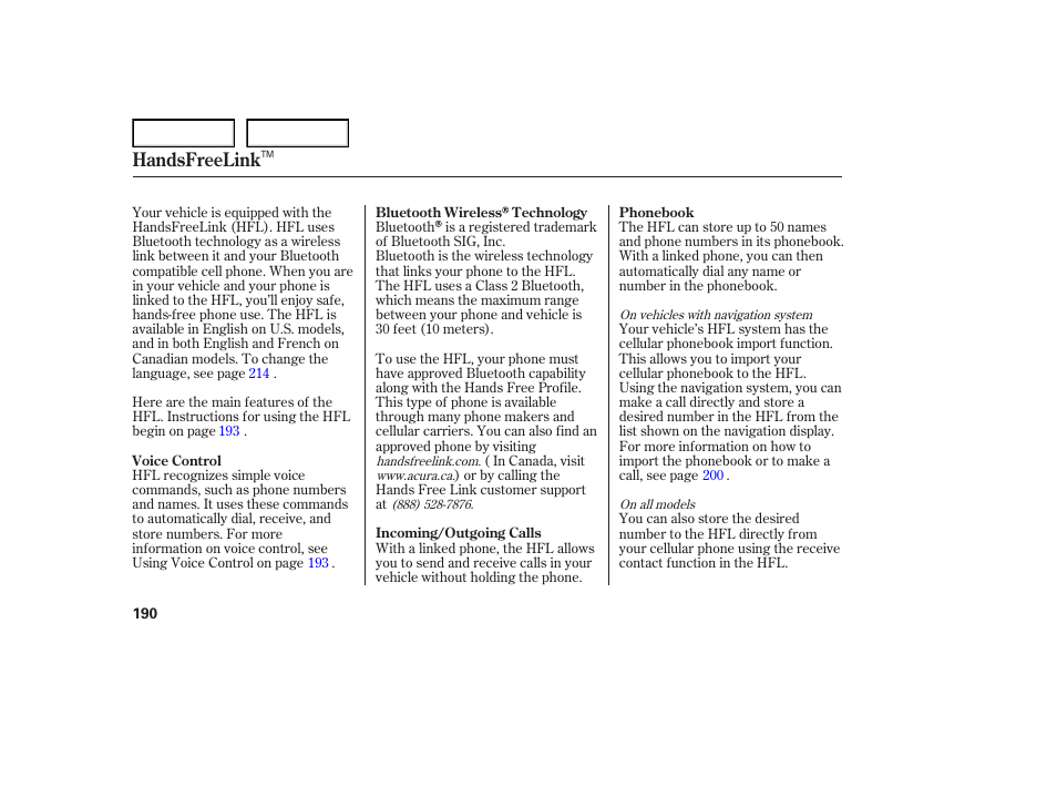 Handsfreelink | Acura 2007 TL - Owner's Manual User Manual | Page 193 / 369