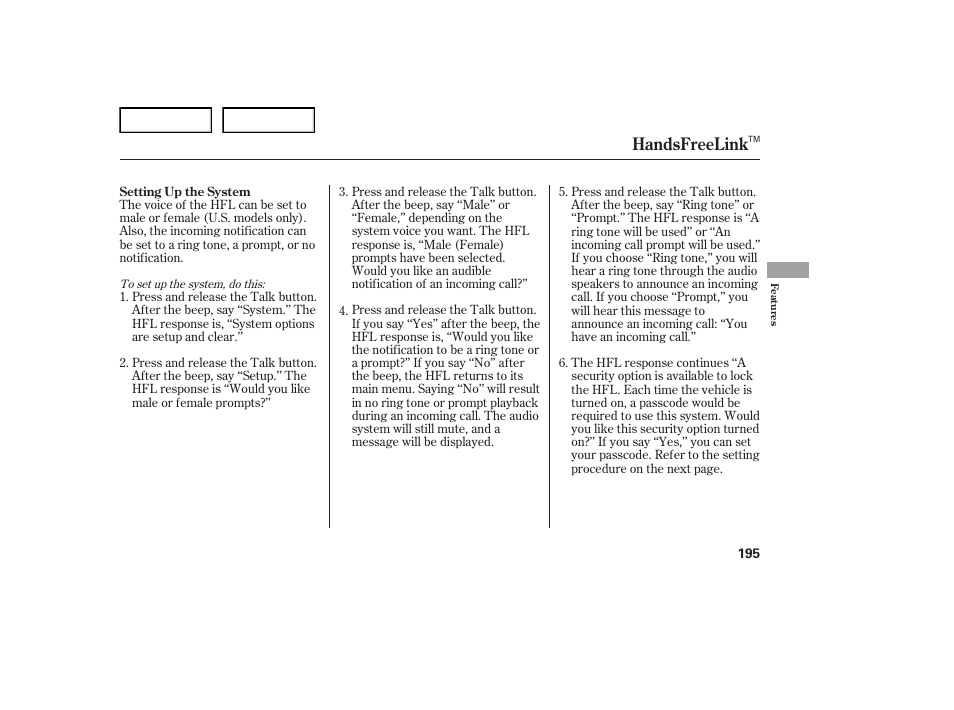 Handsfreelink | Acura 2007 TL - Owner's Manual User Manual | Page 198 / 369