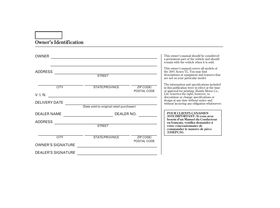 Owner's identification form, Owner’s identification | Acura 2007 TL - Owner's Manual User Manual | Page 2 / 369