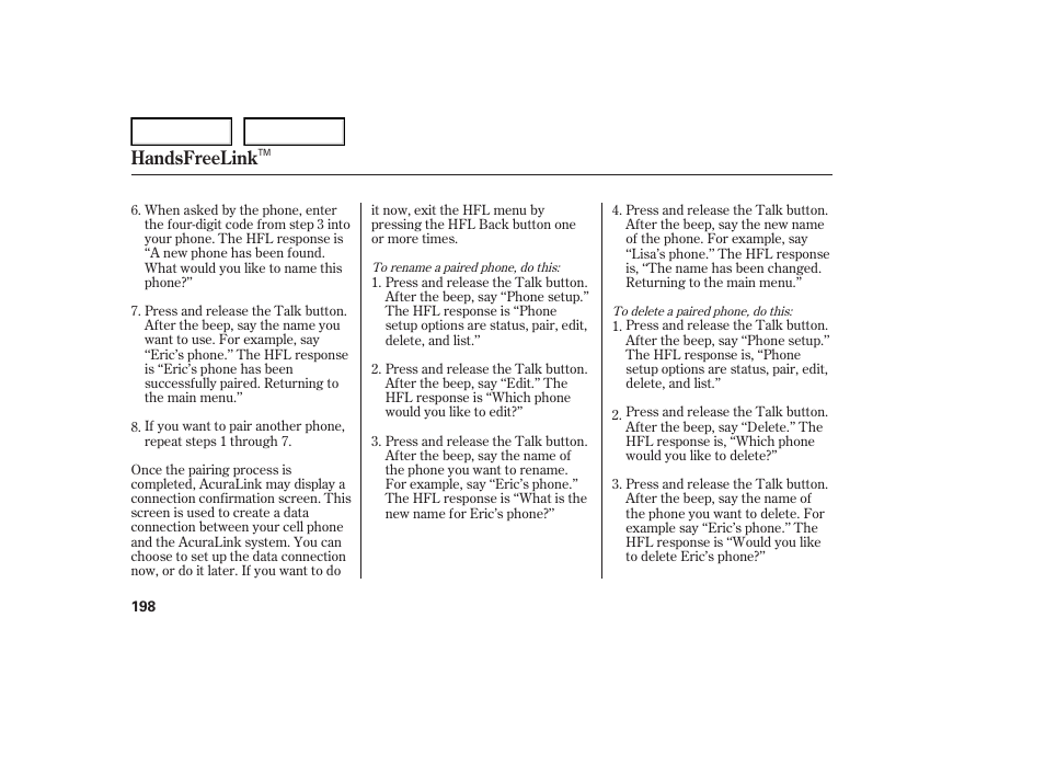 Handsfreelink | Acura 2007 TL - Owner's Manual User Manual | Page 201 / 369