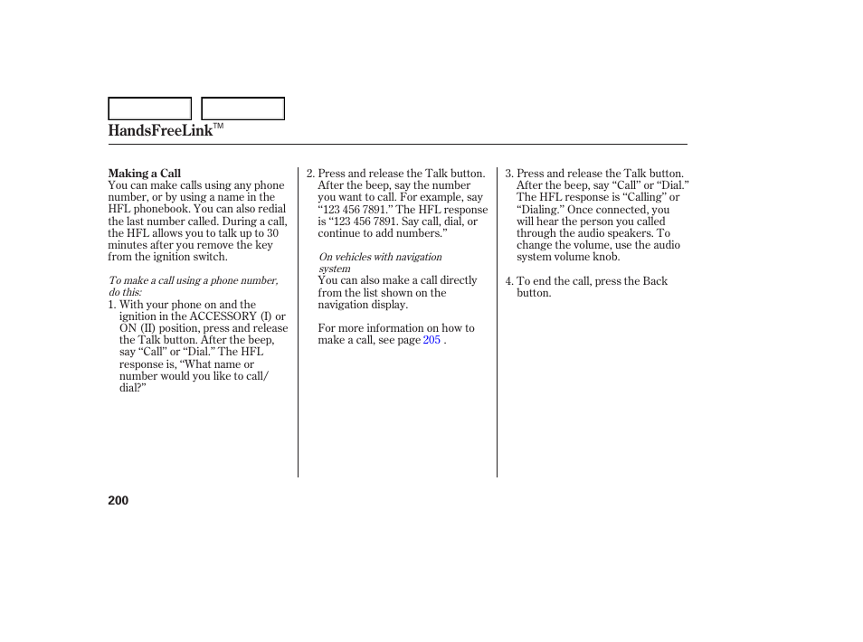 Handsfreelink | Acura 2007 TL - Owner's Manual User Manual | Page 203 / 369