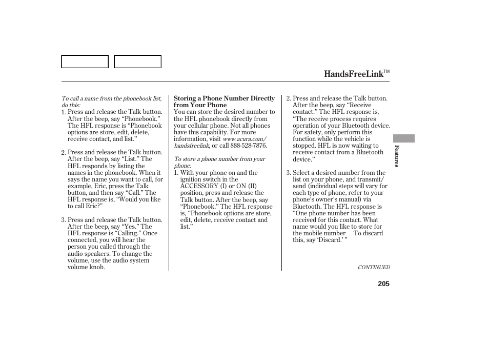 Handsfreelink | Acura 2007 TL - Owner's Manual User Manual | Page 208 / 369