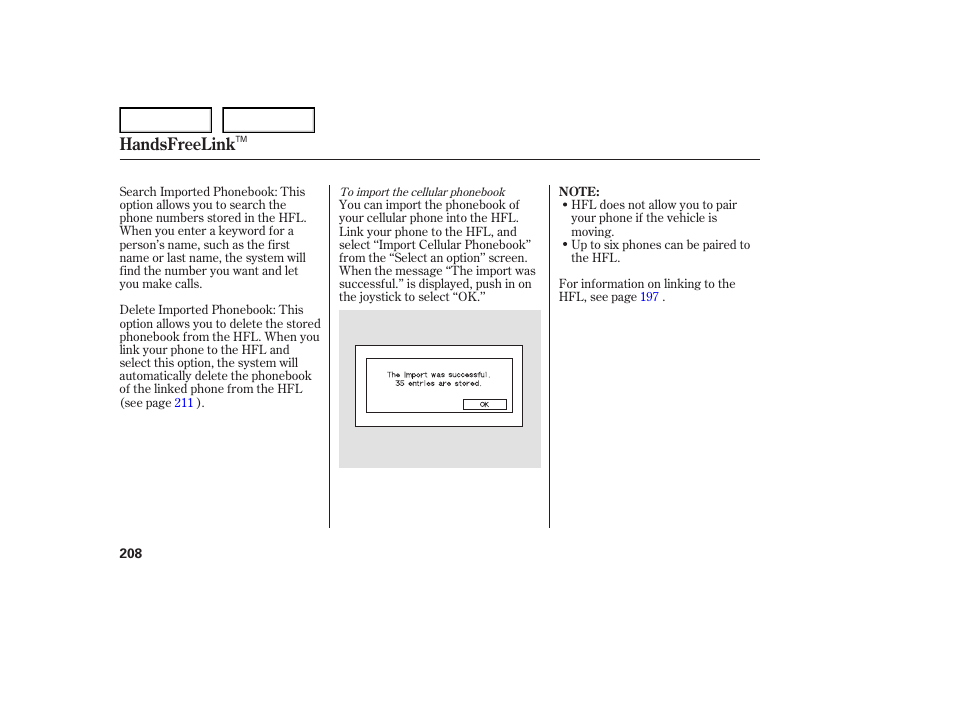 Handsfreelink | Acura 2007 TL - Owner's Manual User Manual | Page 211 / 369