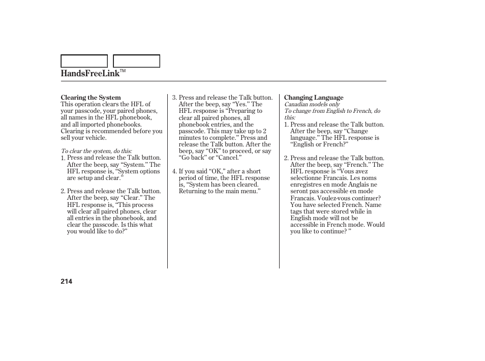 Handsfreelink | Acura 2007 TL - Owner's Manual User Manual | Page 217 / 369