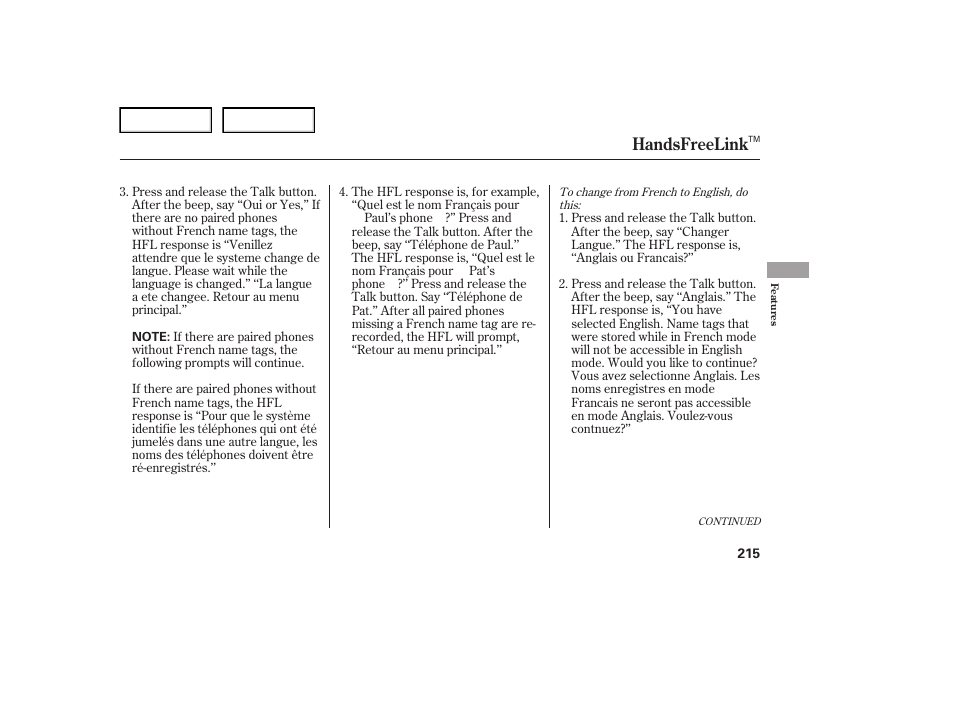 Handsfreelink | Acura 2007 TL - Owner's Manual User Manual | Page 218 / 369