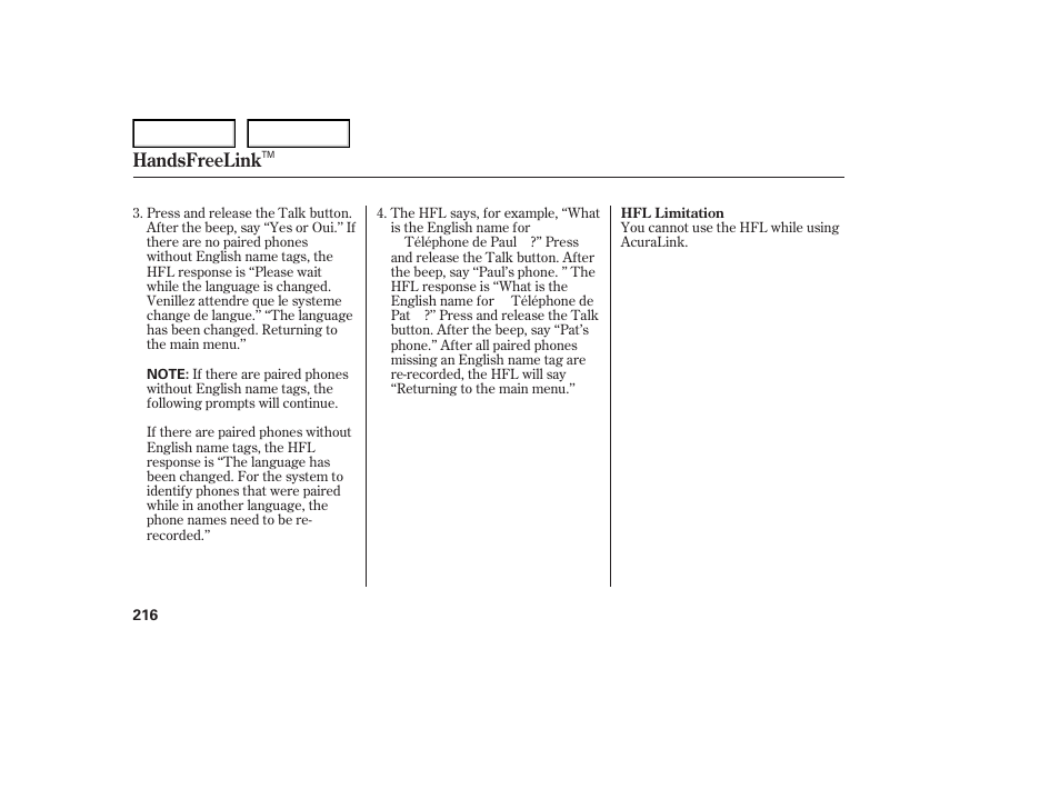 Handsfreelink | Acura 2007 TL - Owner's Manual User Manual | Page 219 / 369