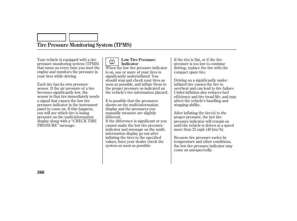 Tire pressure monitoring system (tpms) | Acura 2007 TL - Owner's Manual User Manual | Page 269 / 369