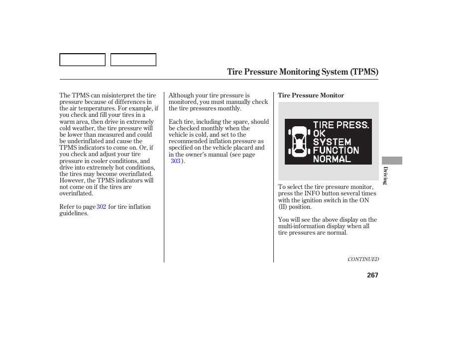 Tire pressure monitoring system (tpms) | Acura 2007 TL - Owner's Manual User Manual | Page 270 / 369