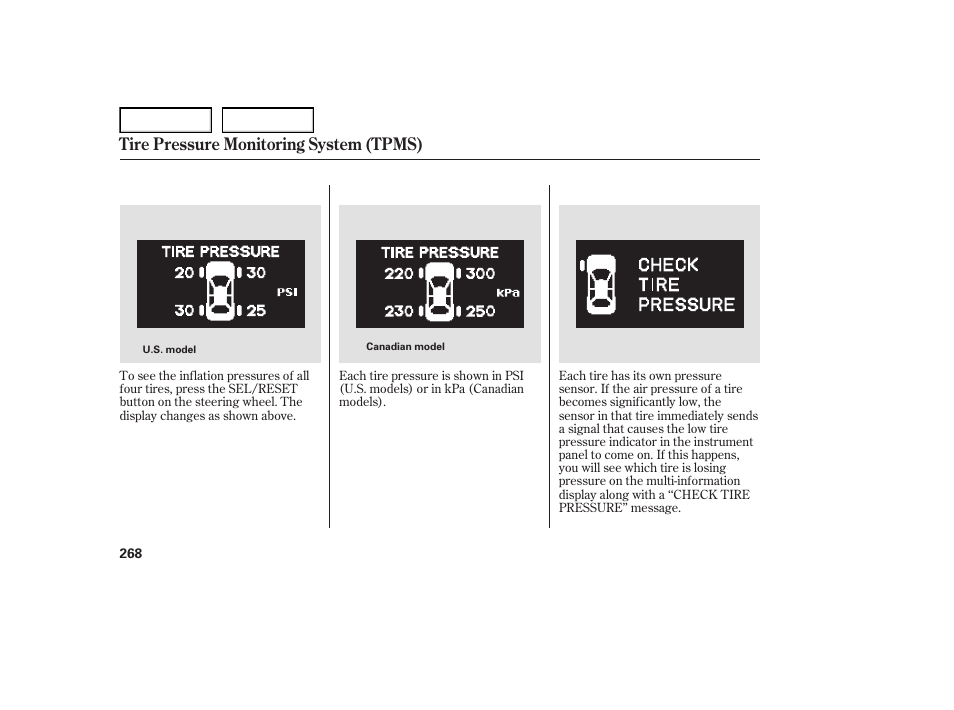 Tire pressure monitoring system (tpms) | Acura 2007 TL - Owner's Manual User Manual | Page 271 / 369