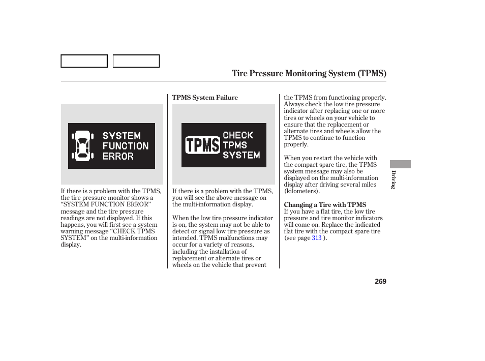 Tire pressure monitoring system (tpms) | Acura 2007 TL - Owner's Manual User Manual | Page 272 / 369