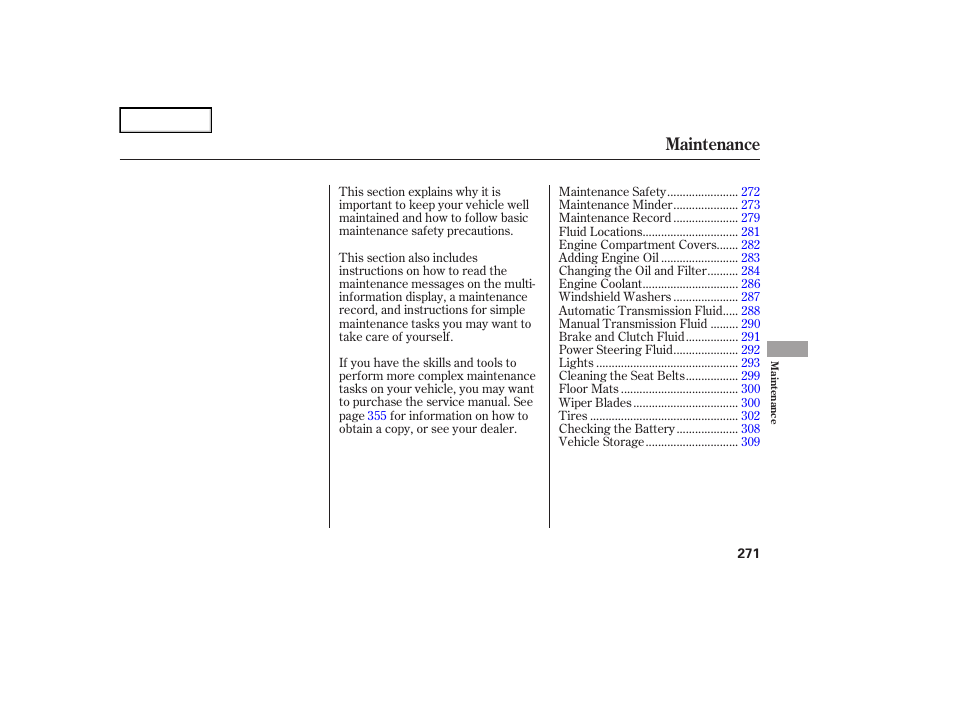 Maintenance | Acura 2007 TL - Owner's Manual User Manual | Page 274 / 369