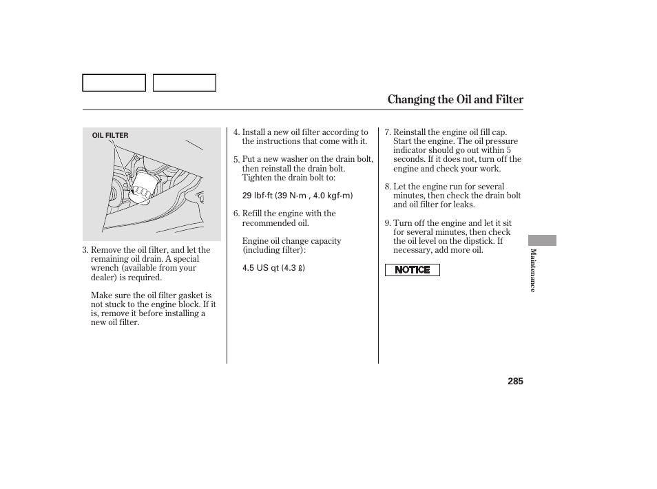 Changing the oil and filter | Acura 2007 TL - Owner's Manual User Manual | Page 288 / 369