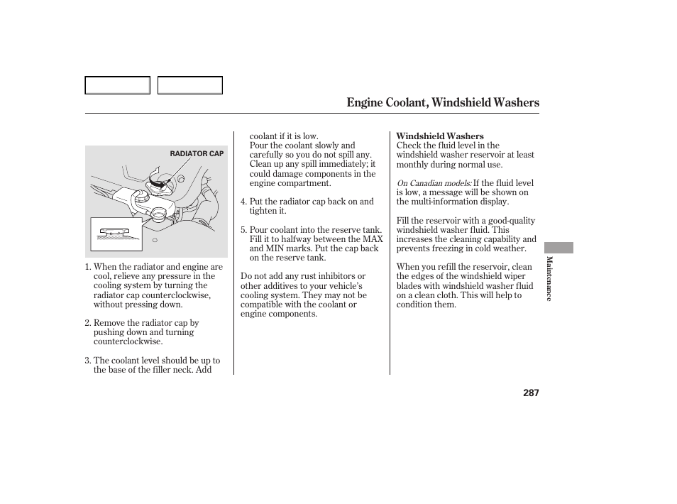 Engine coolant, windshield washers | Acura 2007 TL - Owner's Manual User Manual | Page 290 / 369