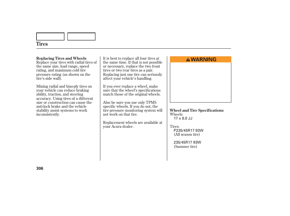 Tires | Acura 2007 TL - Owner's Manual User Manual | Page 309 / 369