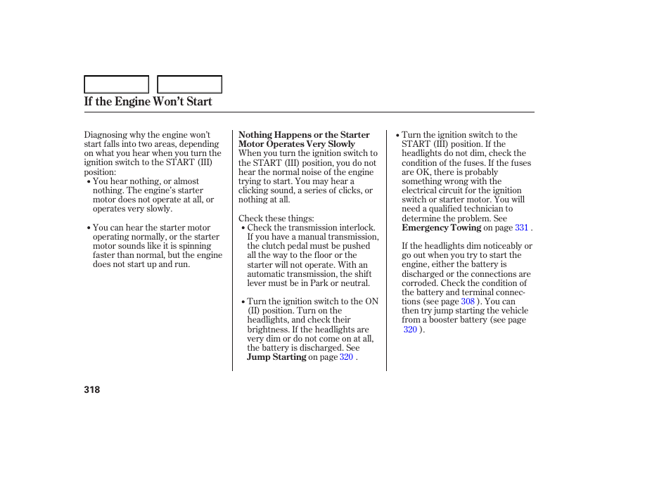 If the engine won’t start | Acura 2007 TL - Owner's Manual User Manual | Page 321 / 369