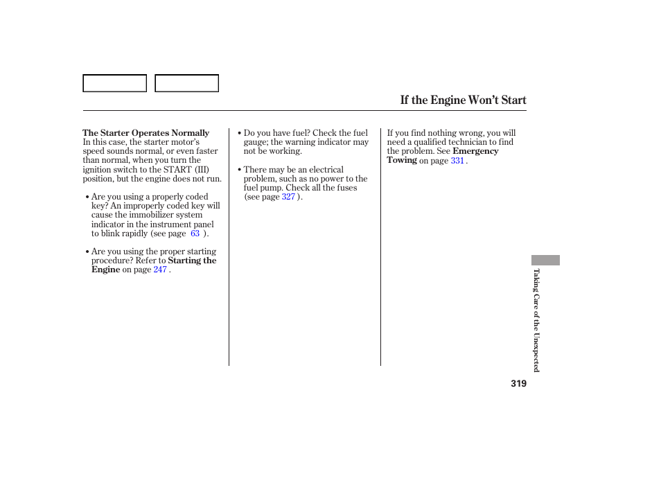 If the engine won’t start | Acura 2007 TL - Owner's Manual User Manual | Page 322 / 369