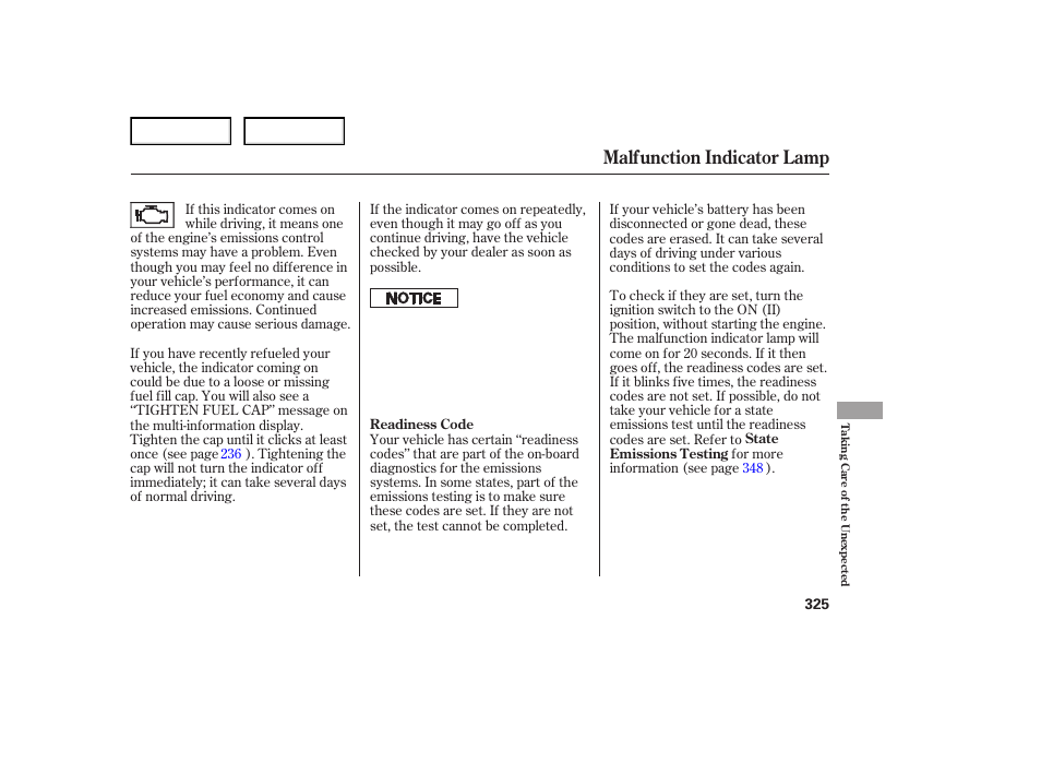Malfunction indicator lamp | Acura 2007 TL - Owner's Manual User Manual | Page 328 / 369