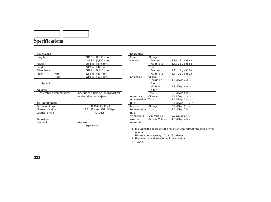 Specifications | Acura 2007 TL - Owner's Manual User Manual | Page 341 / 369