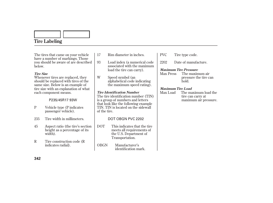 Tire labeling | Acura 2007 TL - Owner's Manual User Manual | Page 345 / 369