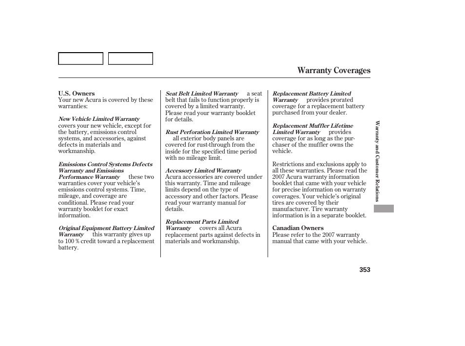 Warranty coverages | Acura 2007 TL - Owner's Manual User Manual | Page 356 / 369