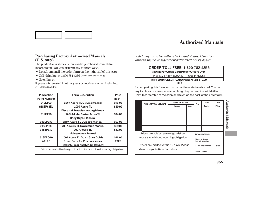 Authorized manuals | Acura 2007 TL - Owner's Manual User Manual | Page 358 / 369